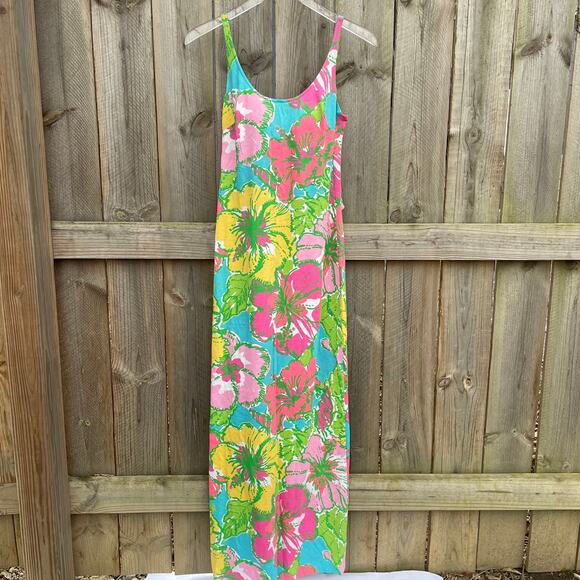 Lilly Pulitzer Dress Palm Big Flirt Jersey Maxi Tank Tie Back Floral XS Summer - Picture 1 of 12